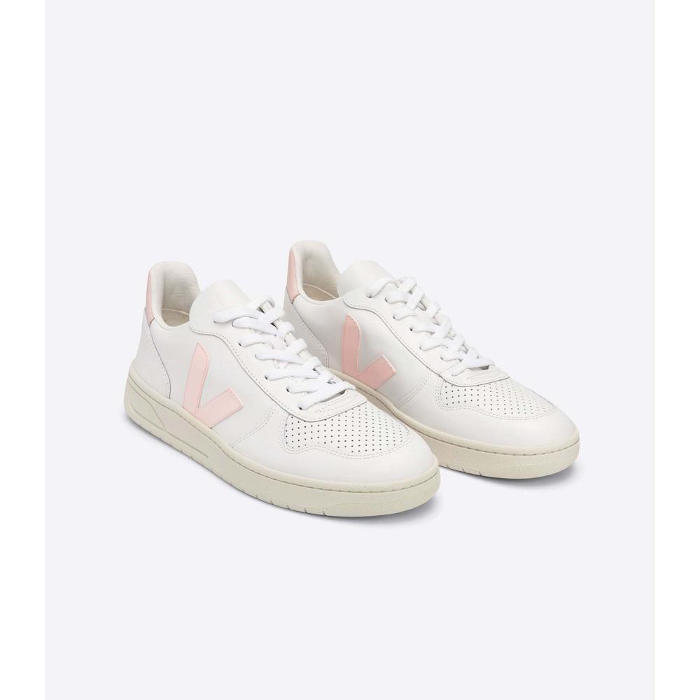 Women's Veja V-10 LEATHER Sneakers White/Pink | SG 659RVD